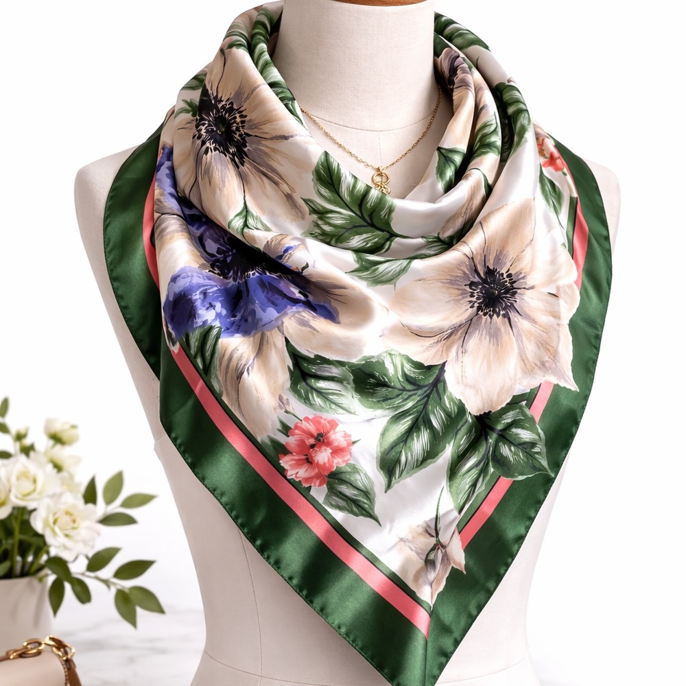 Talbots Floral & Birds Silk Scarf Navy Green Square Scarf